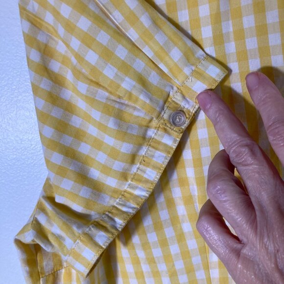 Womens Basic Editions V Neck Gingham Button Shirt Short Sleeve XL Yellow White - Picture 4 of 7